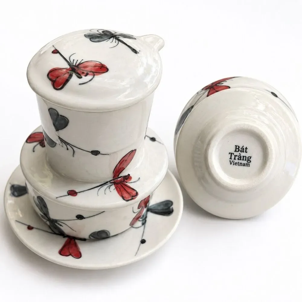 Bát Tràng Vietnamese Ceramic Phin Coffee Filter Cup Saucer Butterfly New